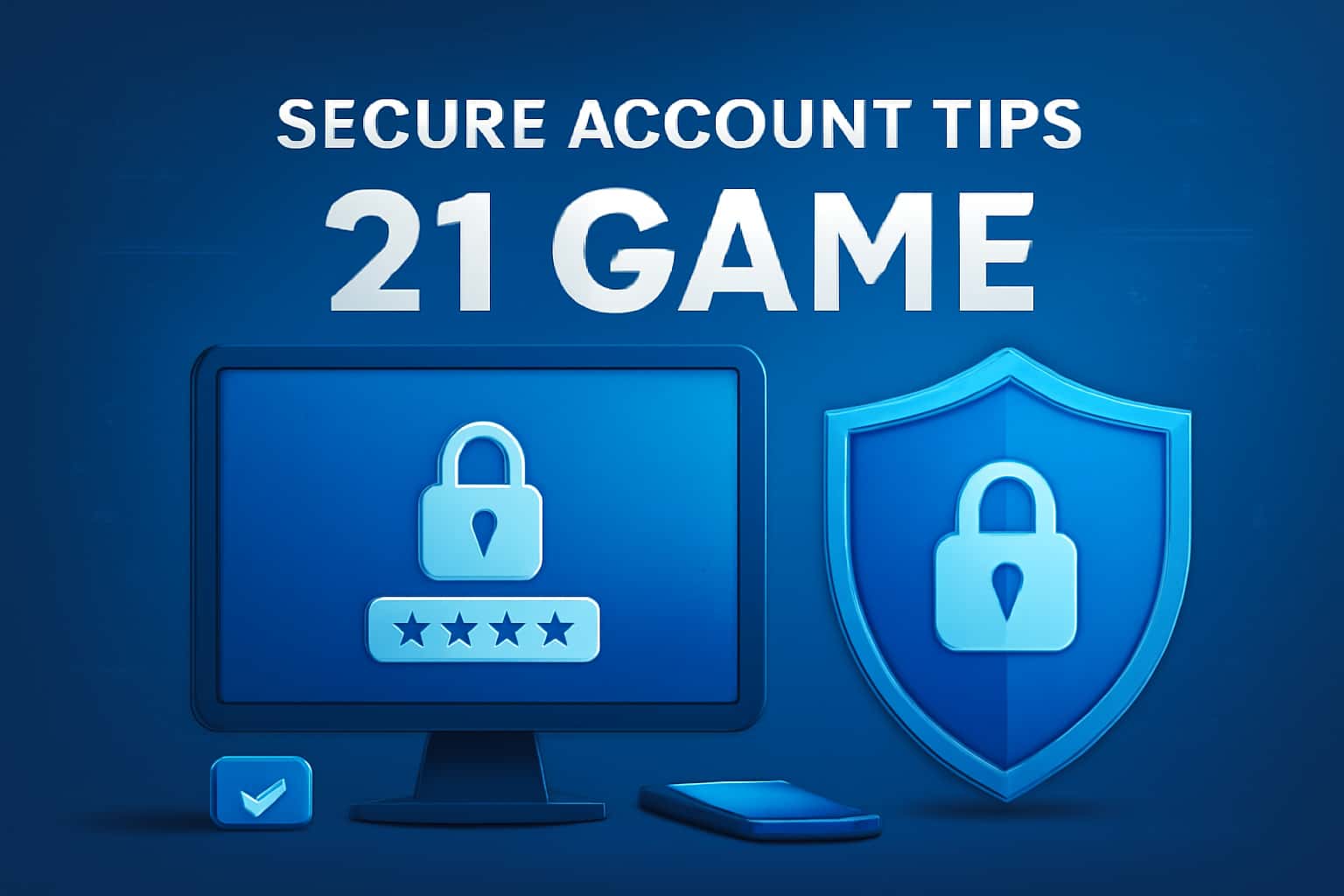 An informational scene showcasing Secure 21 Game Account Tips with a blue theme.